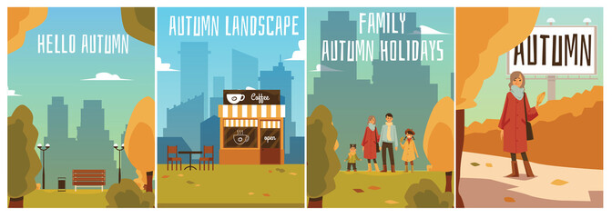 Collection of vector posters with an autumn cityscape.
