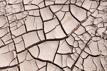 Close up view onto surface & texture of dried cracked earth, formed during long no rain conditions