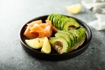 Healthy homemade avocado toast with salmon