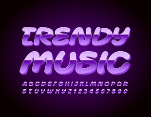 Vector creative poster Trendy Music. Handwritten Metallic Font. Violet 3D Alphabet Letters and Numbers