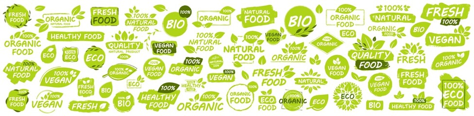 Set of Vegan, Eco, Bio, Organic, Fresh, Healthy, 100 percent, natural food. Natural product. Collection of 60 emblem, cafe, badges, tags, packaging. Vector illustration.