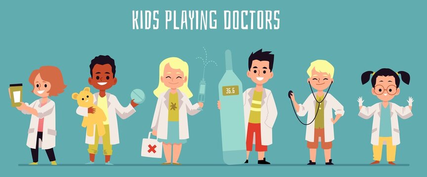 Kids playing doctors with medical equipment and white coat uniform