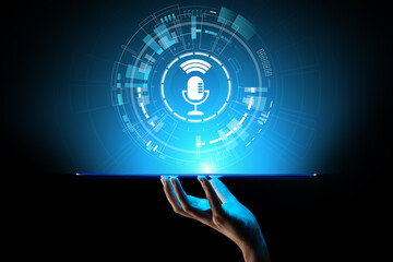 Voice recognition search and control microphone symbol on virtual screen.