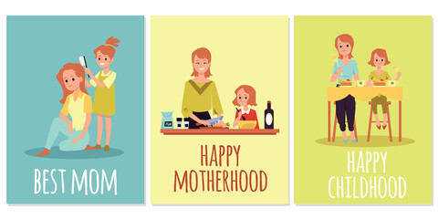 Set of greeting cards for best mom in Mothers day flat vector illustration.