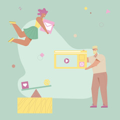 Woman carries email button. Man holds webpage template video player