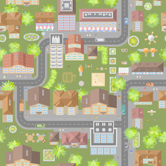 Seamless pattern cityscape. (top view) The city with streets, houses, roads, cars. (view from above) 