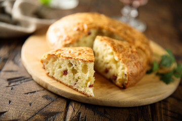 Homemade savory pie with cheese and bacon