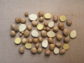 Fototapeta na wymiar Whole and cut raw fresh baby potatoes