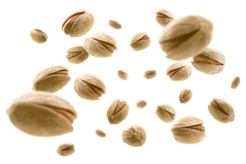 Salted pistachios levitate on a white background
