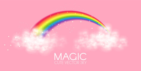 Cute magic rainbow with clouds on pink background. Fantazy and fairy tale background. Little girl design.