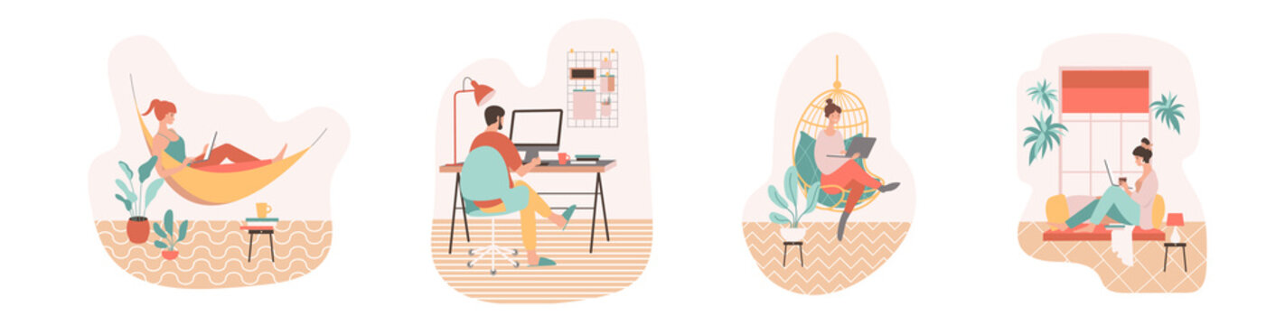 Vector flat illustration with young people working at home and a coworking space in quarantine. Men and women freelancers working on laptops and computers at home.