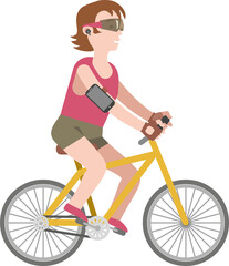 Modern teenager girl in sunglasses, with headphones, rides a bicycle. Healthy lifestyle: active sports. Flat infographics. Vector illustration.