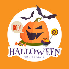 Happy Halloween Sale Design Template with Smilling Pumplin, Candy and Bats,