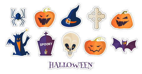 Halloween Cartoon Elements Set. Stickers spooky design.