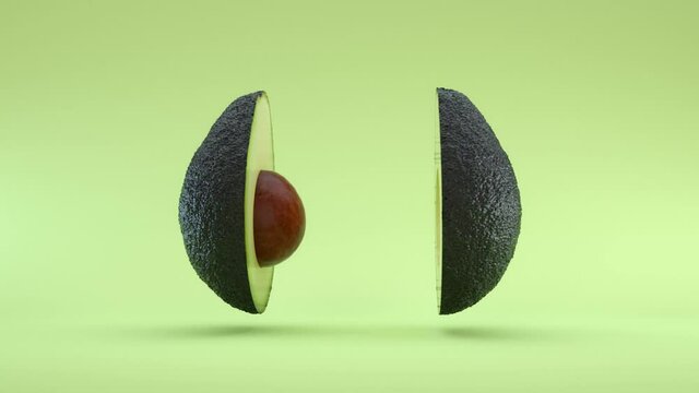 Animation of avocado turning split in half.