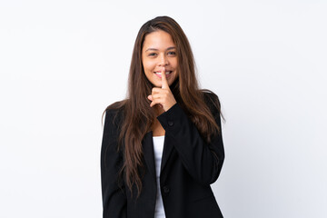 Fototapeta na wymiar Young Brazilian girl with blazer over isolated white background doing silence gesture
