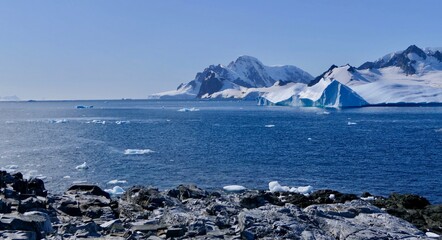 Beautiful antarctic landscape, blue icebergs, glaciers on sunny day, Antarctica