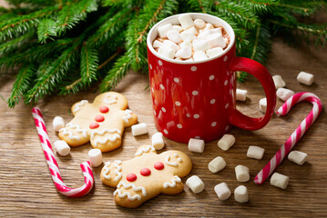 Christmas drink. Cup of hot chocolate with marshmallows and gingerbread cookies