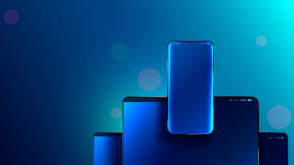 Phone front view no frame hanging over screen tablet and laptop. Mock up cellphone for ui ux design app. Mockup realistic beautiful smartphone with glass touch screen. Background of mobile technology