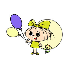 Cheerful girl with balloons and flowers, hand-drawn cartoon