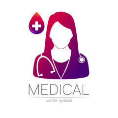 Female doctor vector logotype. Medicine identity and concept. Logo for clinic, medical, pharmacy, online chat, business, health care. Silhouette in violet gradient color. Drop blood and cross