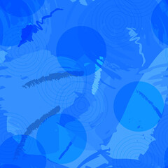 Monochrome abstract vector seamless pattern. Paint splashes and brush strokes in shades of blue color , inspired by oriental fabrics and textiles create  modern expressive background