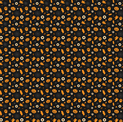 Seamless pattern vector illustration on the theme of halloween. Lots of potions, skulls, ghosts and more