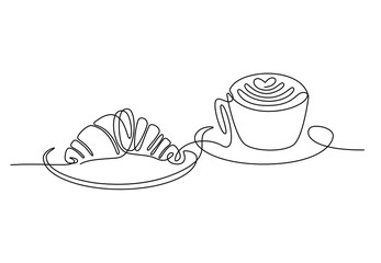 Croissant and coffee drawn in one line style. Breakfast theme with linear pastry and coffee for logo and posters, simple sketch design. Vector illustration isolated on white background