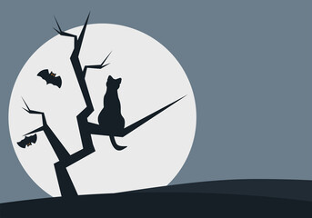 Vector illustration on a halloween theme. Silhouette of a black cat sits on a tree against the background of the moon
