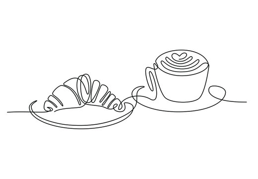 Croissant and coffee drawn in one line style. Breakfast theme with linear pastry and coffee for logo and posters, simple sketch design. Vector illustration isolated on white background