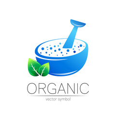 Organic vector symbol in blue and green color. Concept logo for business. Herbal sign logotype for medicine, homeopathy, therapy and pharmacy. Emblem with mortar and pestle isolated on white .