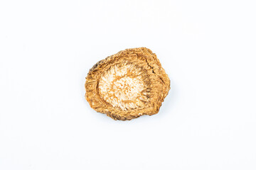 Chinese herbal medicine burdock root slices on white background
