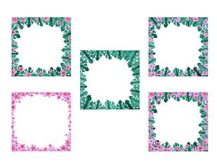 Watercolor frame for lettering ang invitation. Flowers and leaves.