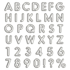 Silver inflatable balloons letters, numbers, exclamation, interrogative and percent sign, isolated on white background