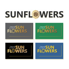 Sunflower. Vector set business cards with golden logo, emblem, isolated on colored backgrounds.