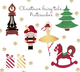 Set of christmas nutcracker elements isolated on white background. Gold icons, ballerina, nutcracker, gifts, christmas tree, clock and snowflake