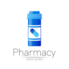 Pharmacy vector symbol with blue pill bottle and capsule tablet for pharmacist, pharma store, doctor and medicine. Modern design vector logo on white background. Pharmaceutical icon logotype . Health