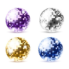 Fototapeta na wymiar Realistic disco ball set - colorful purple, silver, gold and blue mirror balls