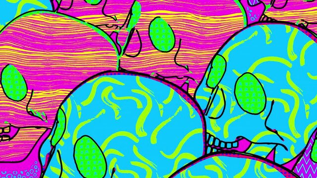 Skulls in comic style, fluorescent textures and patterns. Halloween zine culture video loop with a doodle cartoon illustration look in stop motion 