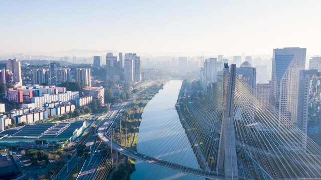 Estaiada Bridge or The Octavio Frias de Oliveira bridge , a cable-stayed suspension bridge built over the Pinheiros river in the city of S&atilde;o Paulo, Brazil, S&atilde;o Paulo city, drone images