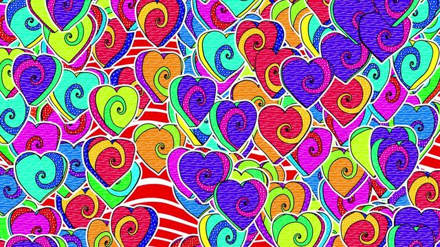 Extruded falling hearts shape in comic style, fluorescent textures and patterns. 3D backdrop with a doodle cartoon illustration look in stop motion