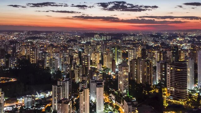 flight over buildings in the Morumbi neighborhood at dusk, Sao Paulo, Brazil, drone images