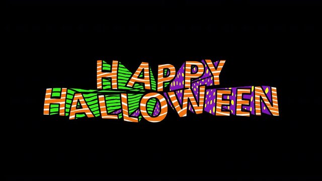 Seamless funny animation of extruded letters in comic style and fluorescent textures. Happy Halloween 3D text with a doodle cartoon illustration look in stop motion isolated with alpha channel.