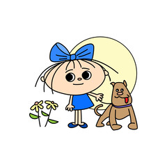 Girl with a bow, flowers and a dog, hand-drawn cartoon