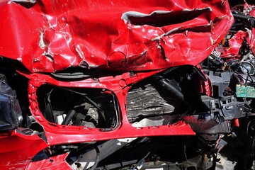 Metal parts of the red car after crash