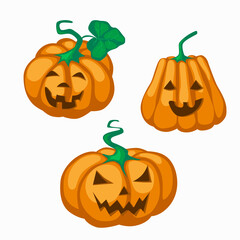 Big orange pumpkin with eyes cut out nose and grin mouth for Halloween. Jack lantern a symbol of the holiday eve of All Saints Day. Stock vector flat illustration isolated on white.