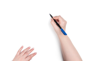 Female hand holding a black marker pen drawing, isolated on white background. File contains a path to isolation.