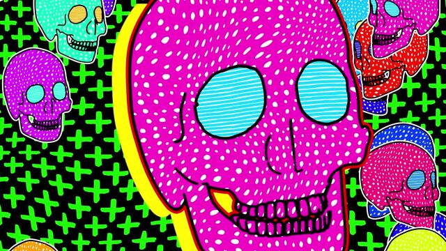 Skulls in comic style, fluorescent textures and patterns. Halloween zine culture video loop with a doodle cartoon illustration look in stop motion 