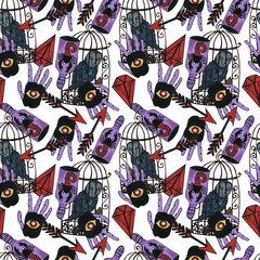Halloween watercolor pattern with flower, poison, owl, ghosts, monster  and witchcraft backgroundFor wrapping paper, cards, posters, banners