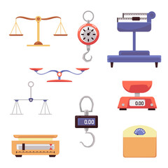 Icons set balance and digital scales or weighers, vector illustration isolated.